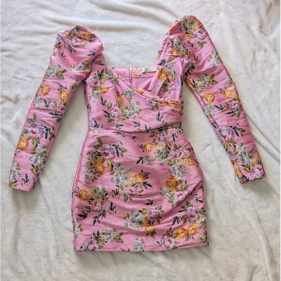 BEC & BRIDGE Pink Peony Party Jacquard Puff Shoulder Mini Dress, size 4 - Picture 2 of 10